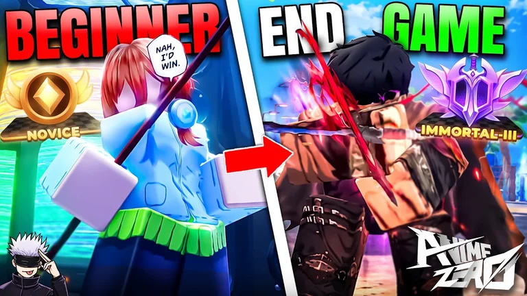 Anime Zero beginner progression recording cover contrasting a novice character with an endgame character.