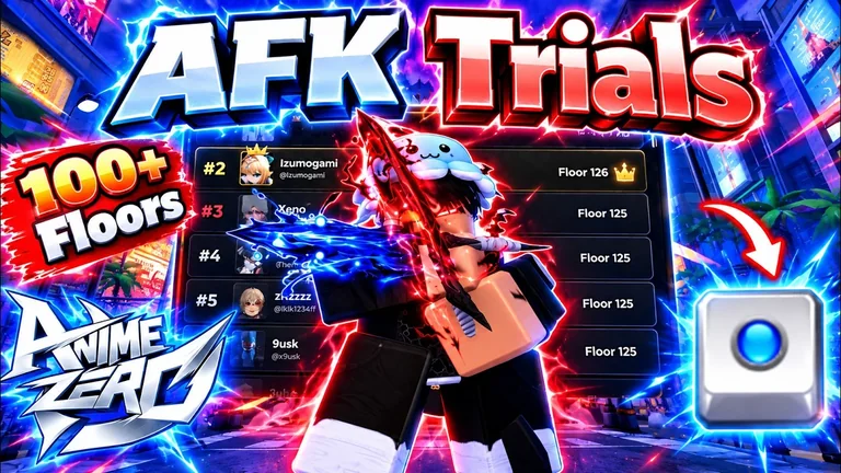 Anime Zero Trials farming recording cover with an AFK label, player character and floor leaderboard.