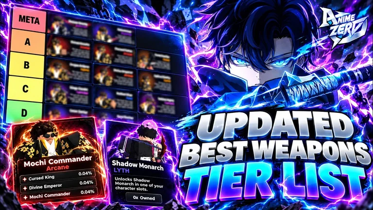 Anime Zero tier-list recording cover with an illustrated fighter, tier bands and weapon panels.